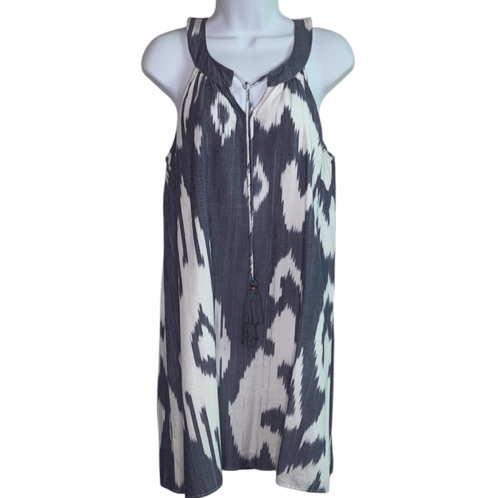 THML Halter Tank Shift Dress Aztec Print Chambray Blue and White Tassel Ties M